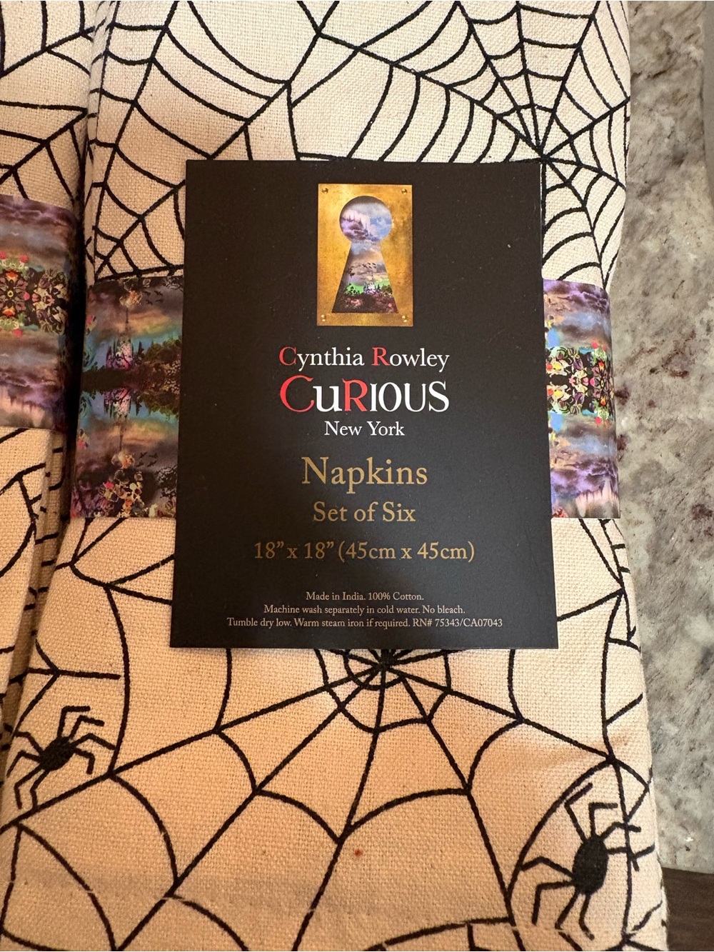 NWT  Cynthia Rowley Curious Halloween Cloth Napkins Set of 6 Black Spider Web